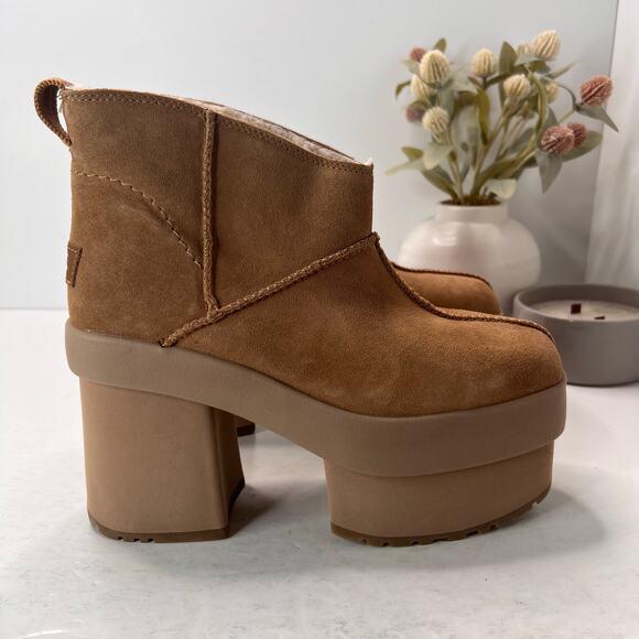 UGG Classic Mini New Heights Platform Suede Boots Chestnut Women's 8 Tried On - Picture 1 of 11